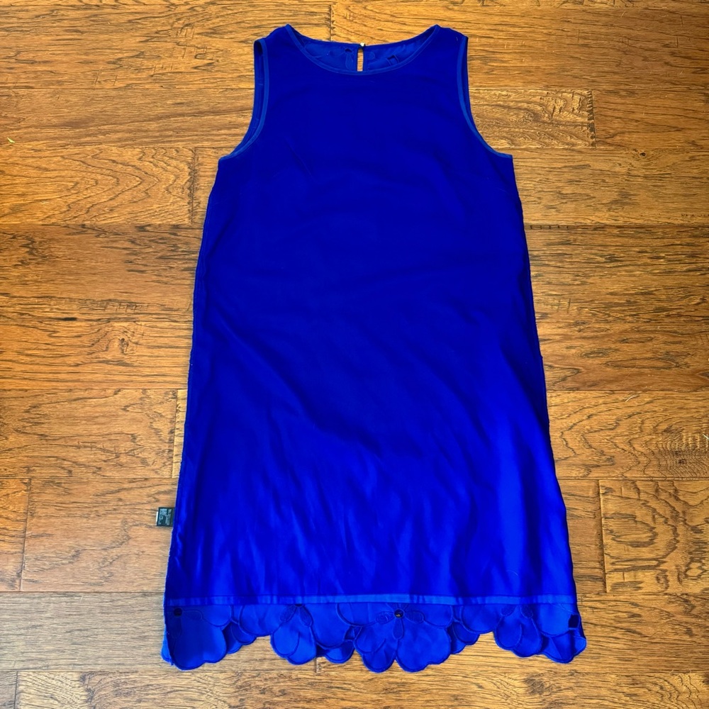 Antonio Melani Ghiaia Dress Blue Floral Lined Embroidered Overlay Midi Sheath 8 - Picture 6 of 11